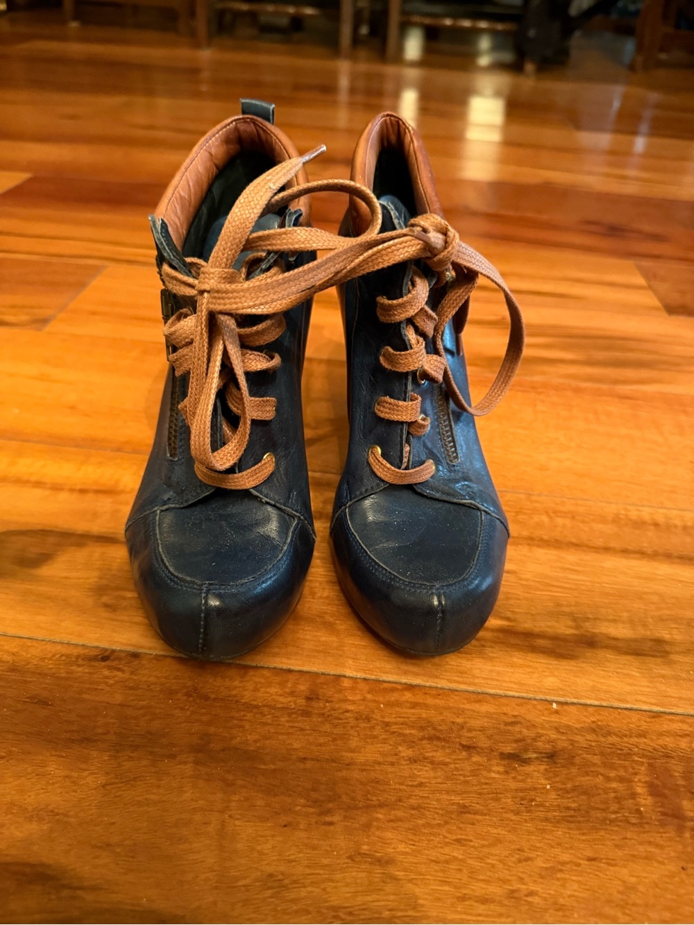 Women’s Navy and Tan Lace-Up Wedge Boots